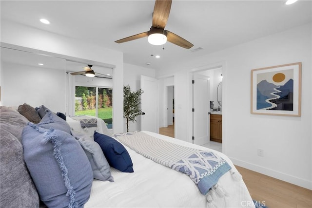 351 Vista Pl, Los Angeles, CA 90042 - bedroom featuring access to outside, light wood finished floors, recessed lighting, a ceiling fan, and ensuite bathroom