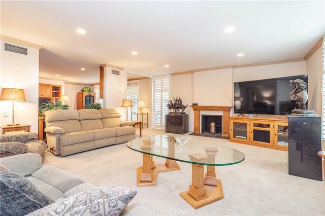 740 S Orange Grove Blvd Unit 7, Pasadena, CA 91105 - living area featuring recessed lighting, carpet floors, a fireplace, and ornamental molding