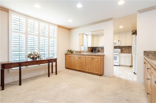 740 S Orange Grove Blvd Unit 7, Pasadena, CA 91105 - kitchen with white appliances, light colored carpet, recessed lighting, tasteful backsplash, and ornamental molding