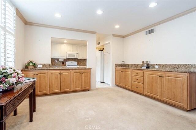 740 S Orange Grove Blvd Unit 7, Pasadena, CA 91105 - kitchen with ornamental molding, white appliances, light carpet, light stone counters, and recessed lighting