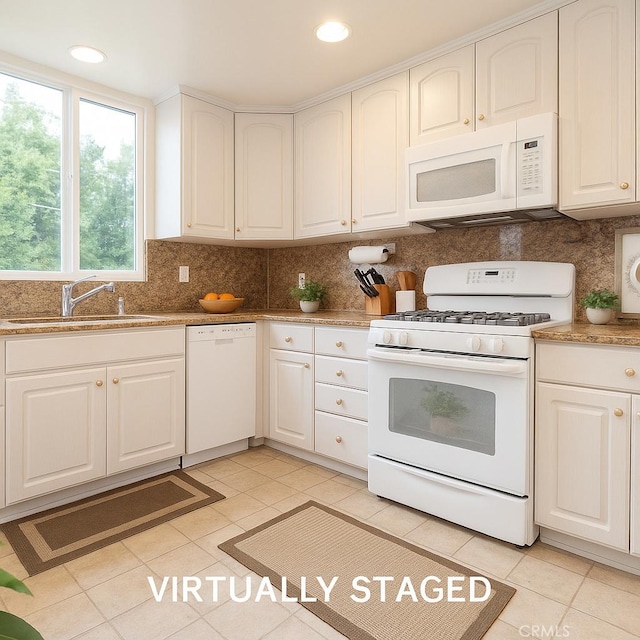 740 S Orange Grove Blvd Unit 7, Pasadena, CA 91105 - kitchen with white appliances, light tile patterned flooring, decorative backsplash, white cabinets, and recessed lighting