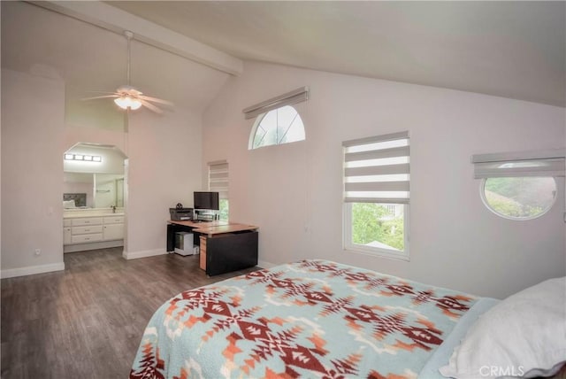 7008 Davenport Ct, Rancho Cucamonga, CA 91701 - bedroom with dark wood-style flooring, beamed ceiling, multiple windows, high vaulted ceiling, and arched walkways