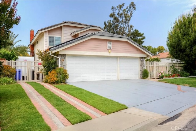 7008 Davenport Ct, Rancho Cucamonga, CA 91701 - view of front facade with concrete driveway, stone siding, a garage, a chimney, and a tiled roof