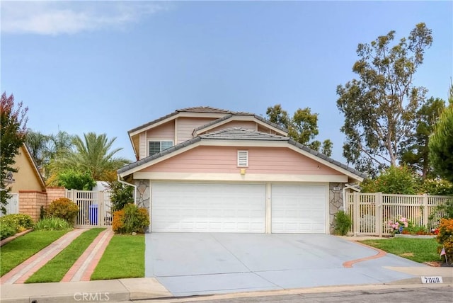 7008 Davenport Ct, Rancho Cucamonga, CA 91701 - traditional-style house featuring concrete driveway, stone siding, a gate, and an attached garage