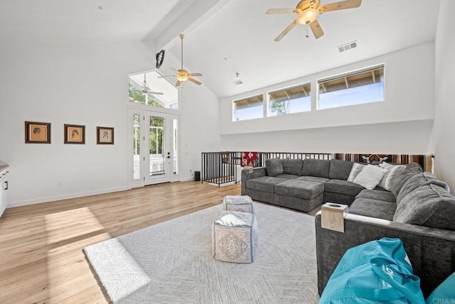 26380 San Felipe Rd, Warner Springs, CA 92086 - living area with ceiling fan, high vaulted ceiling, beam ceiling, and light wood-type flooring