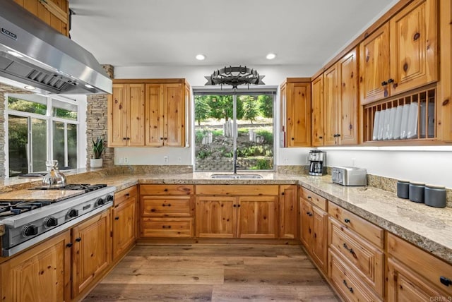 26380 San Felipe Rd, Warner Springs, CA 92086 - kitchen featuring ventilation hood, stainless steel gas stovetop, healthy amount of natural light, light wood-type flooring, and recessed lighting