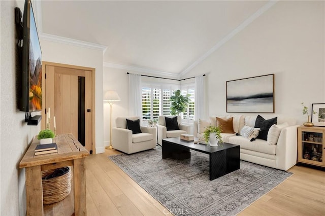 637 Silver Bridle Rd, Walnut, CA 91789 - living area featuring crown molding, light wood-style floors, and vaulted ceiling