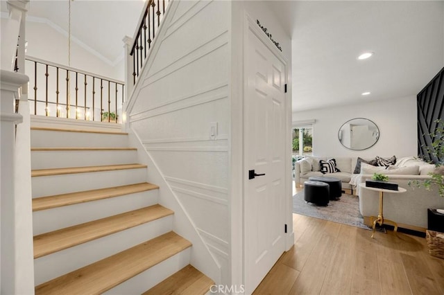 637 Silver Bridle Rd, Walnut, CA 91789 - staircase featuring wood finished floors, recessed lighting, and vaulted ceiling