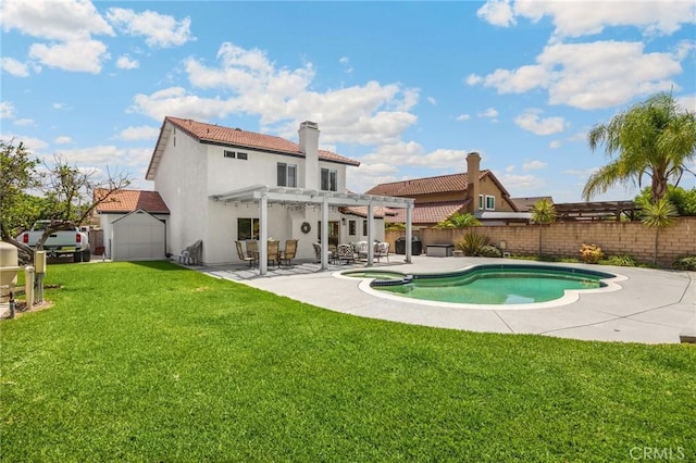 637 Silver Bridle Rd, Walnut, CA 91789 - rear view of property featuring a pergola, a fenced backyard, a patio, a pool with connected hot tub, and stucco siding