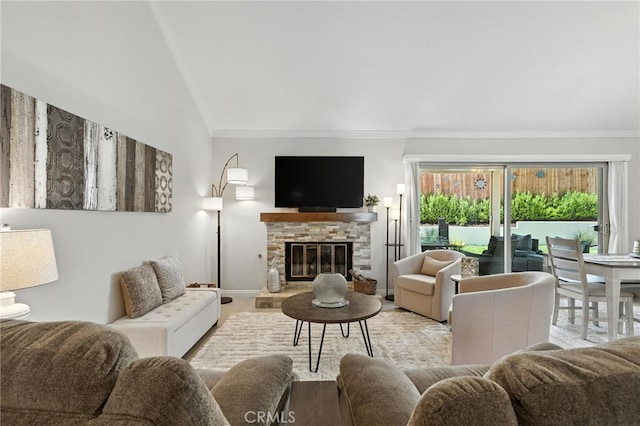 7178 Tangerine Pl, Rancho Cucamonga, CA 91701 - living room featuring a stone fireplace, lofted ceiling, ornamental molding, and wood finished floors