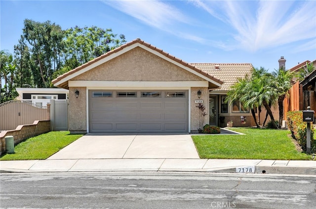 7178 Tangerine Pl, Rancho Cucamonga, CA 91701 - ranch-style house featuring stucco siding, an attached garage, driveway, and a tiled roof