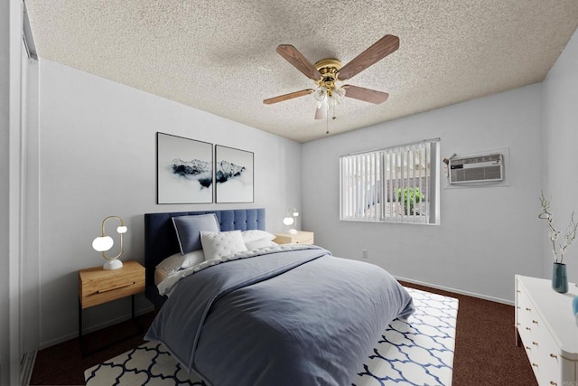 27583 Genevieve Dr, Menifee, CA 92586 - bedroom with an AC wall unit, a textured ceiling, dark carpet, and ceiling fan