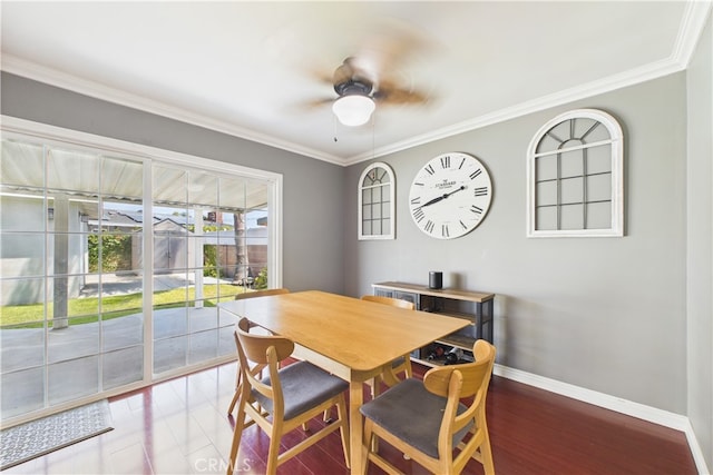 8412 San Marino Dr, Buena Park, CA 90620 - dining area with crown molding, a ceiling fan, and wood finished floors