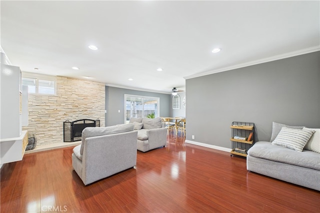 8412 San Marino Dr, Buena Park, CA 90620 - living room featuring ornamental molding, a fireplace, wood finished floors, recessed lighting, and a ceiling fan