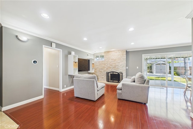 8412 San Marino Dr, Buena Park, CA 90620 - living room with crown molding, a fireplace, wood finished floors, and recessed lighting
