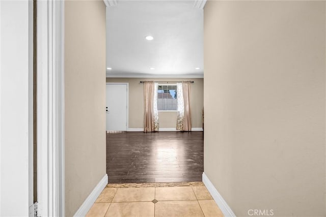 17959 Cantara St, Reseda, CA 91335 - hallway featuring ornamental molding, tile patterned floors, and recessed lighting