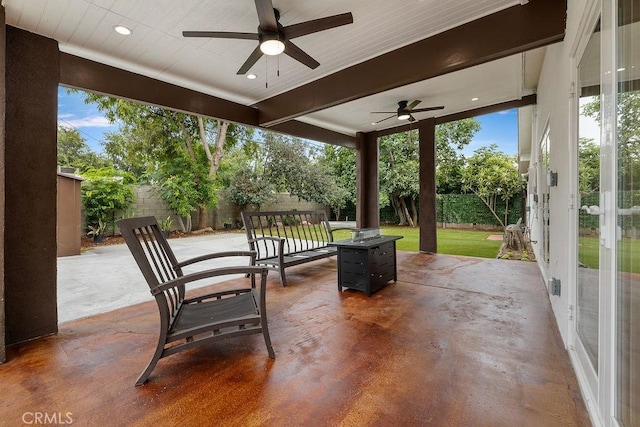 18720 Keswick St, Reseda, CA 91335 - fenced backyard featuring ceiling fan and a patio