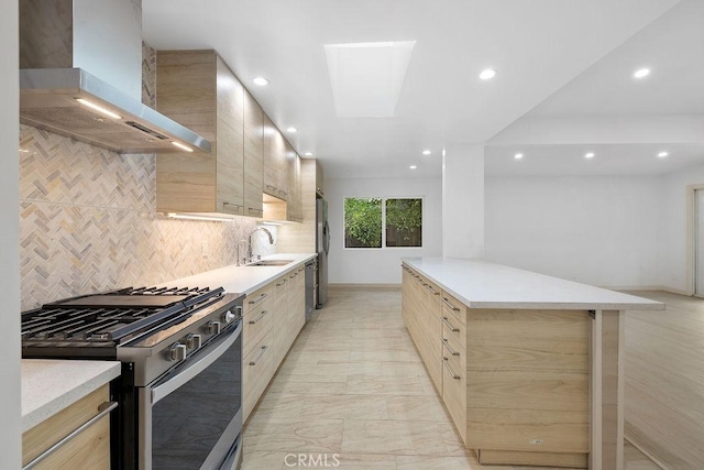 18720 Keswick St, Reseda, CA 91335 - kitchen with appliances with stainless steel finishes, wall chimney range hood, modern cabinets, light brown cabinets, and tasteful backsplash