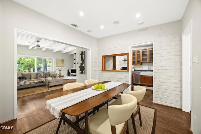 5245 Ramsdell Ave, La Crescenta, CA 91214 - dining area with dark wood-style floors, a ceiling fan, beam ceiling, and recessed lighting
