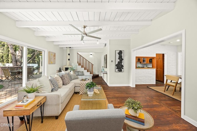 5245 Ramsdell Ave, La Crescenta, CA 91214 - living area with wood finished floors, stairway, a wood ceiling with exposed beams, a ceiling fan, and brick wall