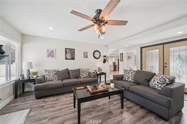 1346 Butler Way, Upland, CA 91786 - living room featuring a ceiling fan, wood finished floors, recessed lighting, and french doors