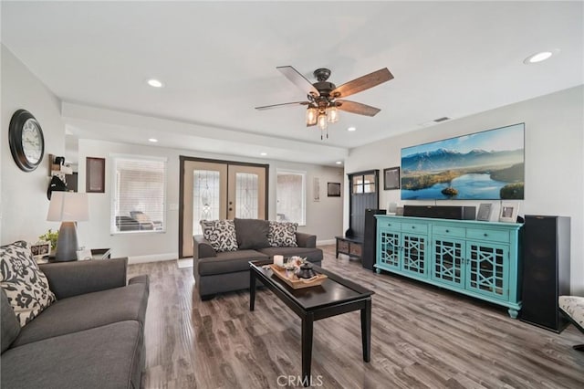 1346 Butler Way, Upland, CA 91786 - living room featuring wood finished floors, recessed lighting, a ceiling fan, and french doors