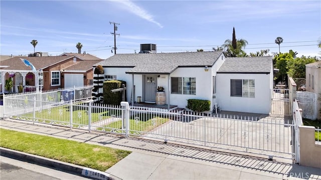 14508 S Corlett Ave, Compton, CA 90220 - view of front of property featuring roof with shingles, a fenced front yard, stucco siding, and a gate