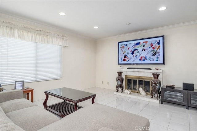 1936 W Cherry Dr, Orange, CA 92868 - living room with ornamental molding, tile patterned flooring, a fireplace, and recessed lighting