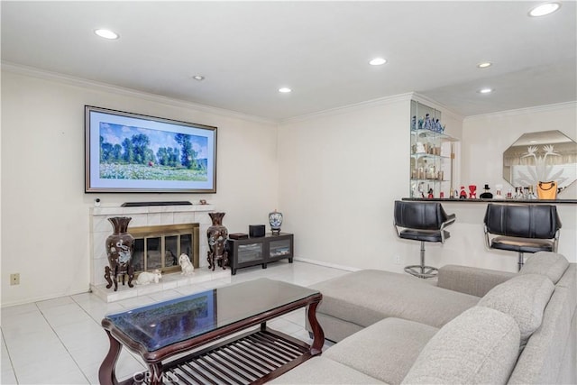 1936 W Cherry Dr, Orange, CA 92868 - living area featuring recessed lighting, crown molding, tile patterned flooring, and a tile fireplace