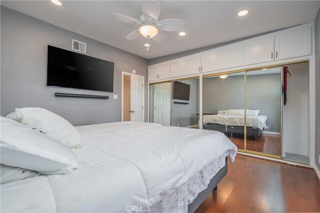 2935 Athel Dr, Hacienda Heights, CA 91745 - bedroom with dark wood-type flooring, a closet, recessed lighting, and ceiling fan