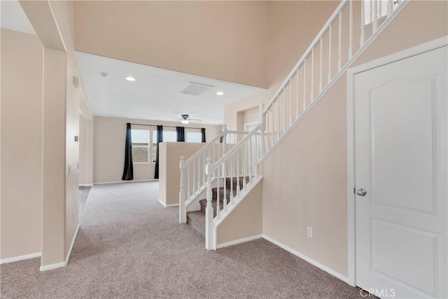 35668 Trevino Trl, Beaumont, CA 92223 - stairs featuring carpet floors, ceiling fan, and recessed lighting