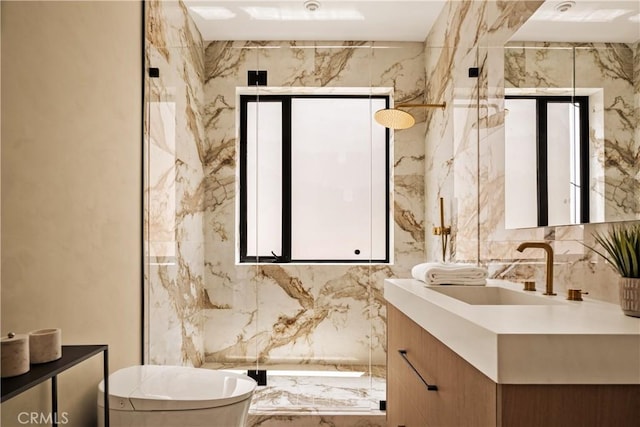 1955 Curson Pl, Los Angeles, CA 90046 - full bathroom featuring vanity, marble tiled floors, and a marble finish shower