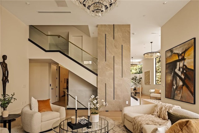 1955 Curson Pl, Los Angeles, CA 90046 - living area with wood finished floors, stairway, and a high ceiling