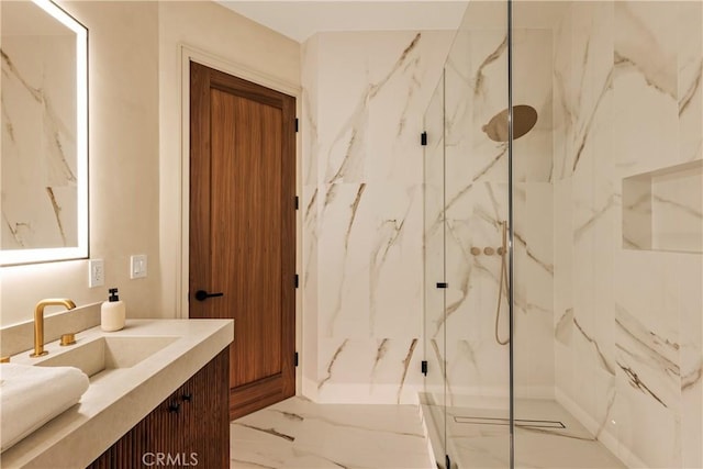 1955 Curson Pl, Los Angeles, CA 90046 - full bathroom with marble look tiles, a marble finish shower, and vanity
