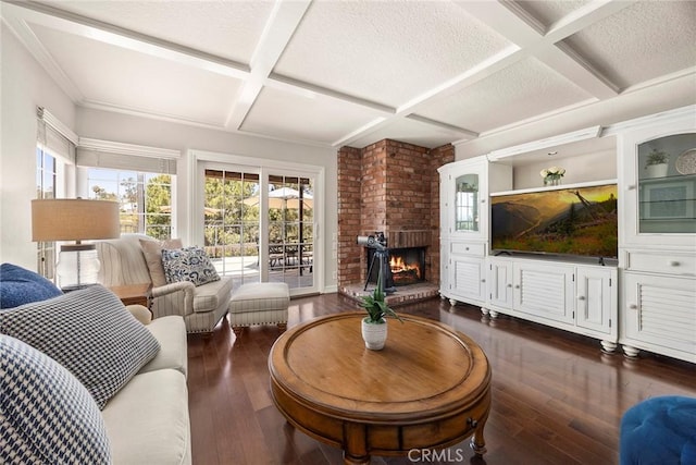 6171 E Morningview Dr, Anaheim, CA 92807 - living room featuring coffered ceiling, plenty of natural light, hardwood / wood-style flooring, a fireplace, and beamed ceiling