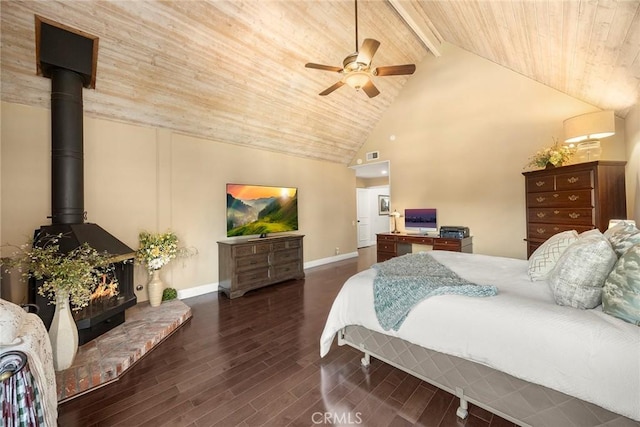 6171 E Morningview Dr, Anaheim, CA 92807 - bedroom with wood finished floors, a wood ceiling with exposed beams, high vaulted ceiling, a wood stove, and ceiling fan