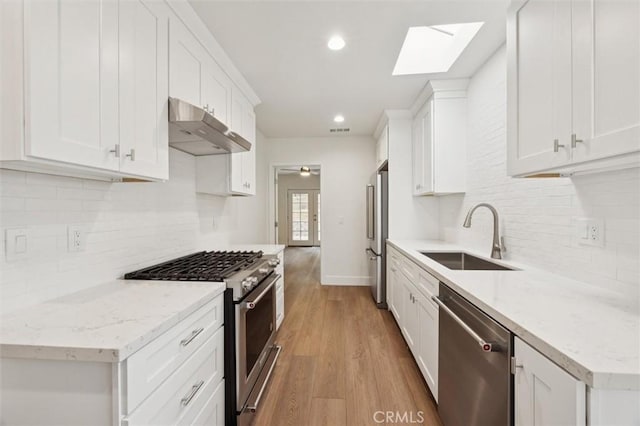 2141 Sierra Way, San Luis Obispo, CA 93401 - kitchen with appliances with stainless steel finishes, under cabinet range hood, a skylight, light wood-type flooring, and tasteful backsplash