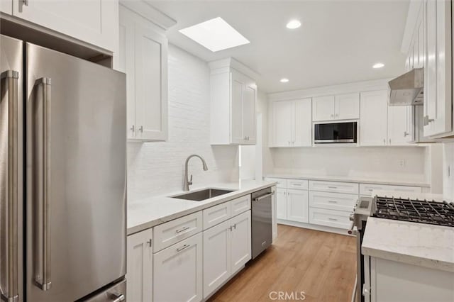 2141 Sierra Way, San Luis Obispo, CA 93401 - kitchen featuring stainless steel appliances, a skylight, wall chimney exhaust hood, white cabinets, and backsplash