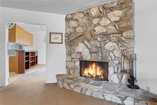 18944 Prairie St, Northridge, CA 91324 - detailed view of carpet flooring, a stone fireplace, and a textured ceiling