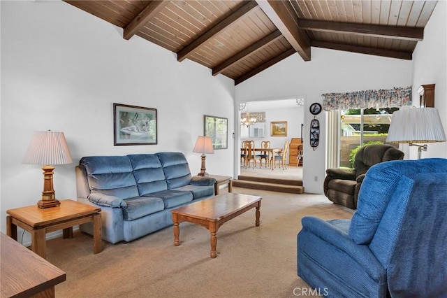 18944 Prairie St, Northridge, CA 91324 - carpeted living room with a chandelier, a wooden ceiling with exposed beams, and high vaulted ceiling