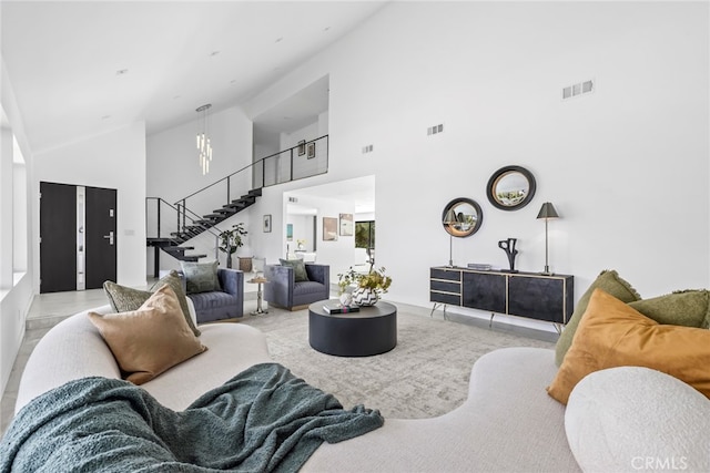 20101 Greenbriar Dr, Tarzana, CA 91356 - living room featuring stairway and high vaulted ceiling