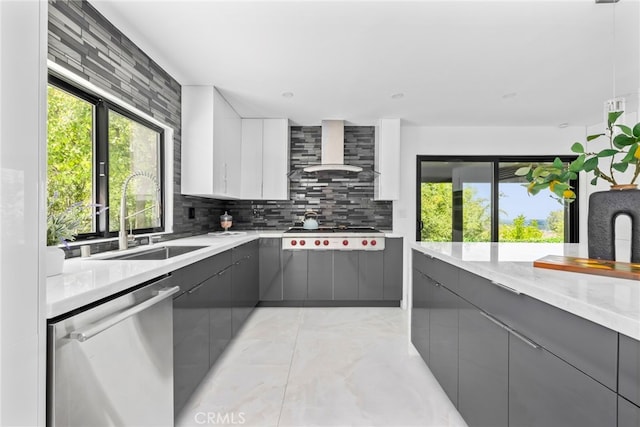 20101 Greenbriar Dr, Tarzana, CA 91356 - kitchen featuring stainless steel appliances, gray cabinets, wall chimney exhaust hood, and modern cabinets
