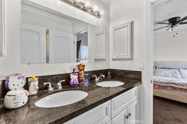 17635 Verde St, Hesperia, CA 92345 - ensuite bathroom featuring ornamental molding, double vanity, and ceiling fan