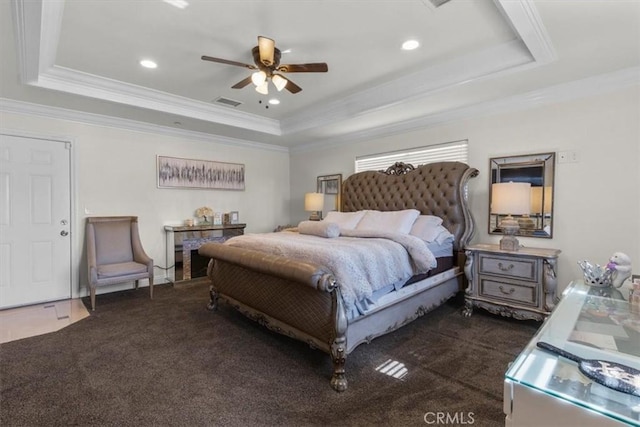 17635 Verde St, Hesperia, CA 92345 - bedroom featuring a raised ceiling, crown molding, dark colored carpet, recessed lighting, and ceiling fan