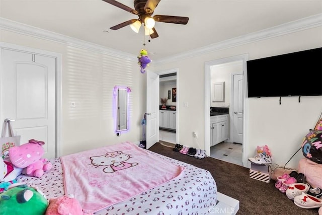 17635 Verde St, Hesperia, CA 92345 - bedroom featuring crown molding, light carpet, ensuite bathroom, and a ceiling fan
