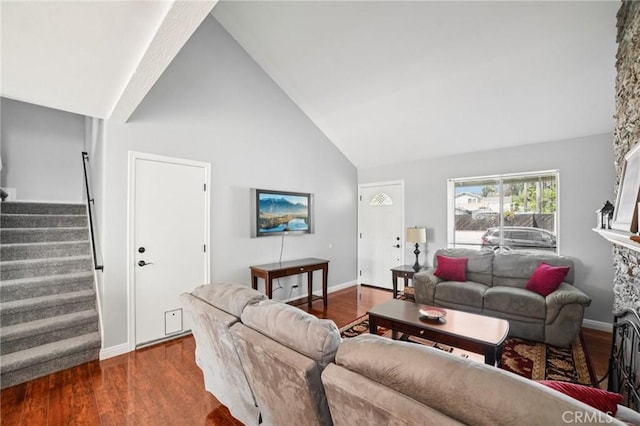 23441 Via Ronda, Mission Viejo, CA 92691 - living area with wood finished floors, stairs, and high vaulted ceiling