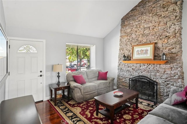 23441 Via Ronda, Mission Viejo, CA 92691 - living area with wood finished floors, lofted ceiling, and a stone fireplace