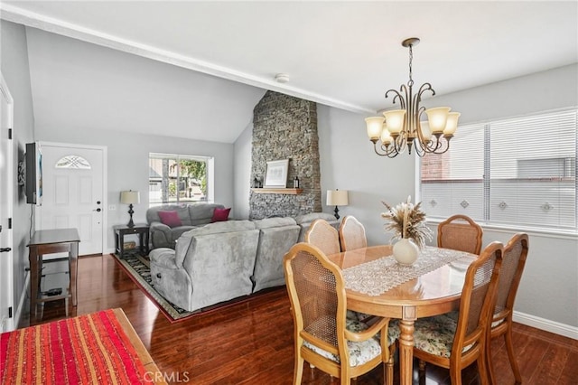 23441 Via Ronda, Mission Viejo, CA 92691 - dining area featuring a chandelier, wood finished floors, and vaulted ceiling
