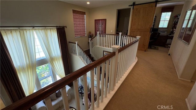 28107 Graciosa St, Valencia, CA 91355 - hall with an upstairs landing, light colored carpet, recessed lighting, and an office area