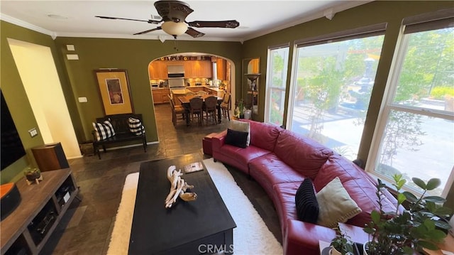 28107 Graciosa St, Valencia, CA 91355 - living room featuring arched walkways, ceiling fan, and crown molding